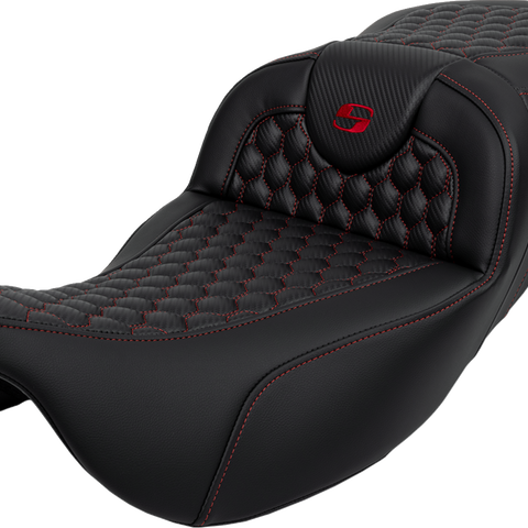 SADDLEMEN RoadSofa™ Seat - Honeycomb Pattern, Red Stitch - Extended Reach for FLH/FLT '08-'24 (Part 808-07B-19004)