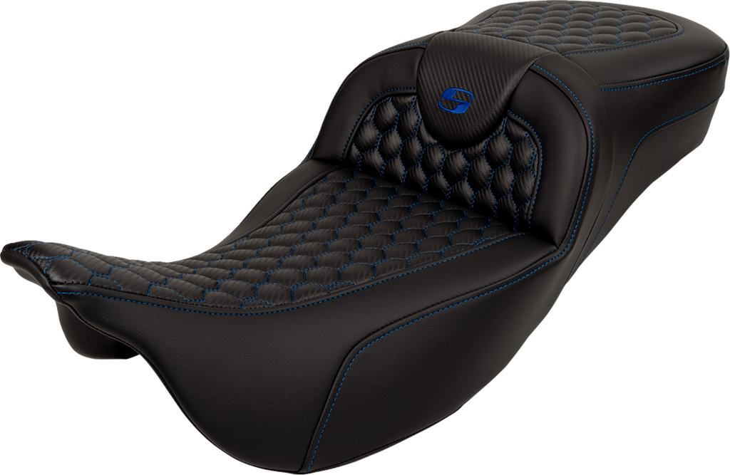 SADDLEMEN RoadSofa* Seat - Honeycomb - Blue Stitch - Extended Reach - without Backrest - FLH/FLT '08-'23 A808-07B-190BLU