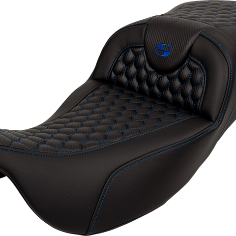 SADDLEMEN RoadSofa™ Seat with Honeycomb Pattern - Blue Stitch for FLH/FLT 2008-2024, Part 808-07B-19001