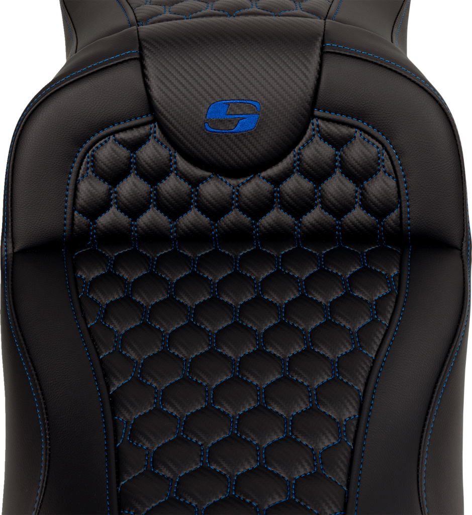 SADDLEMEN RoadSofa* Seat - Honeycomb - Blue Stitch - Extended Reach - without Backrest - FLH/FLT '08-'23 A808-07B-190BLU