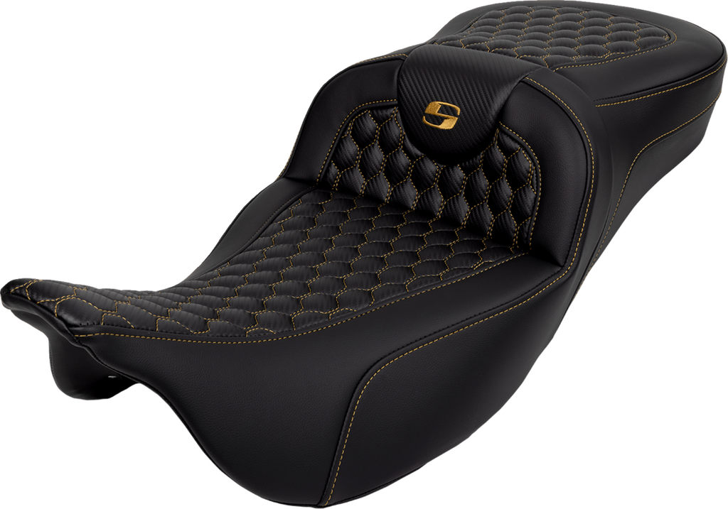 SADDLEMEN RoadSofa* Seat - Honeycomb - Gold Stitch - Extended Reach - without Backrest - FLH/FLT '08-'23 A808-07B-190GOL