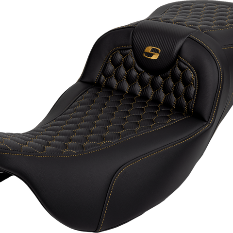 SADDLEMEN RoadSofa™ Seat - Honeycomb Pattern with Gold Stitch for FLH/FLT '08-'24 - Part 808-07B-19007