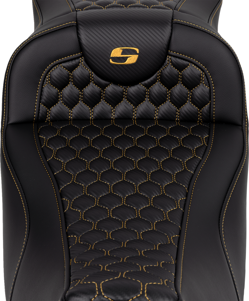 SADDLEMEN RoadSofa* Seat - Honeycomb - Gold Stitch - Extended Reach - without Backrest - FLH/FLT '08-'23 A808-07B-190GOL