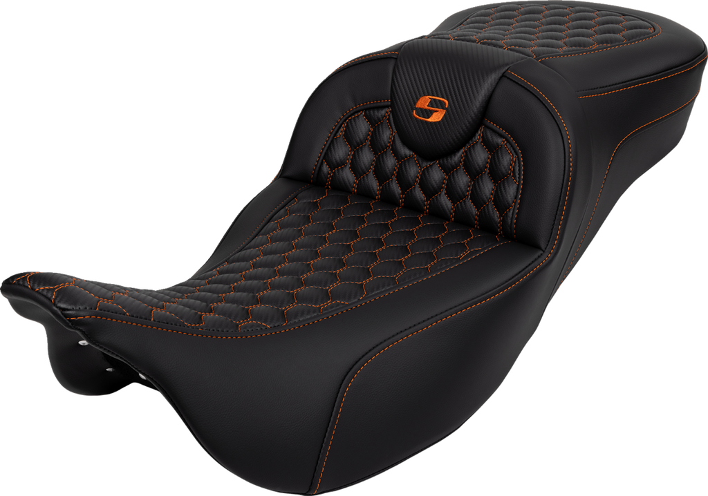 SADDLEMEN RoadSofa* Seat - Honeycomb - Orange Stitch - Extended Reach - without Backrest - FLH/FLT '08-'23 A808-07B-190ORA