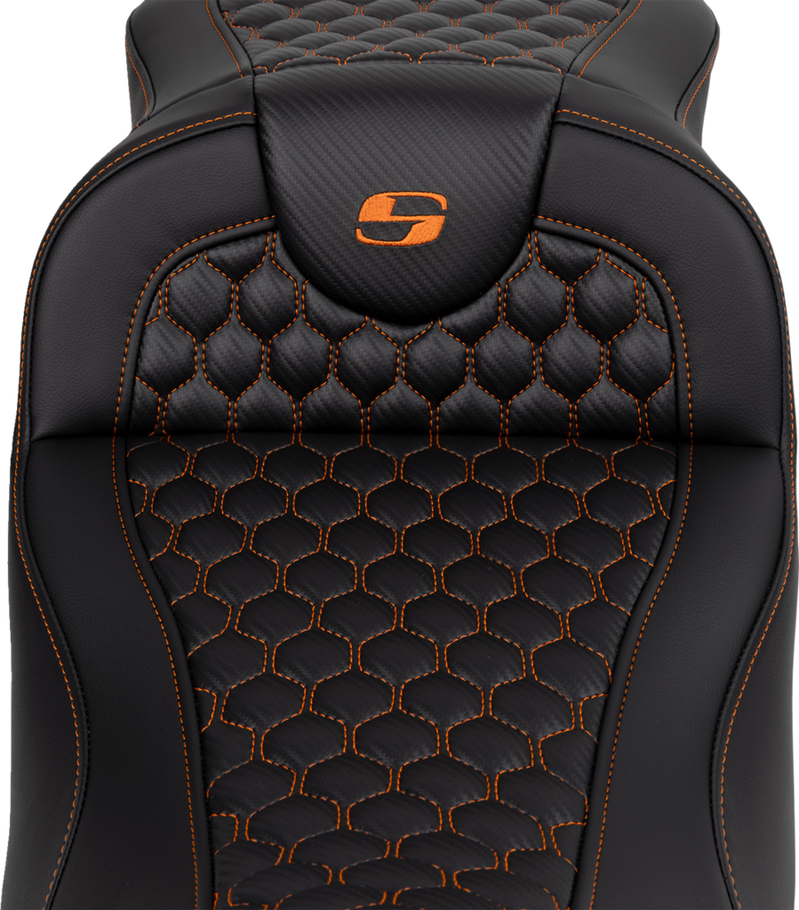 SADDLEMEN RoadSofa* Seat - Honeycomb - Orange Stitch - Extended Reach - without Backrest - FLH/FLT '08-'23 A808-07B-190ORA