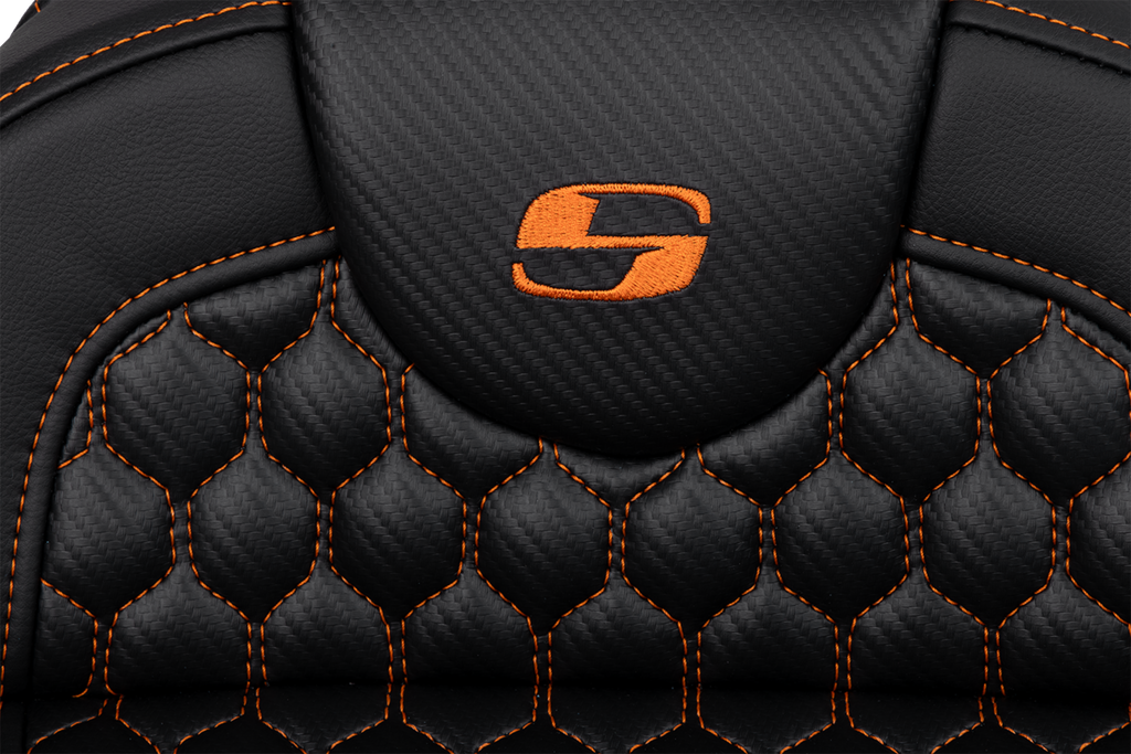 SADDLEMEN RoadSofa* Seat - Honeycomb - Orange Stitch - Extended Reach - without Backrest - FLH/FLT '08-'23 A808-07B-190ORA