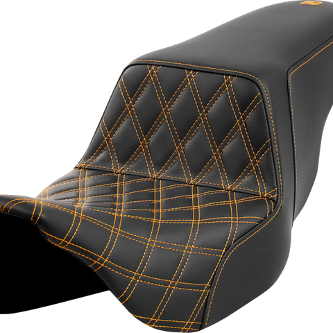 SADDLEMEN Step-Up Front Seat with Lattice Stitch and Gold Accents for FLH/FLT 2008-2023 (Part #808-07B-17207)
