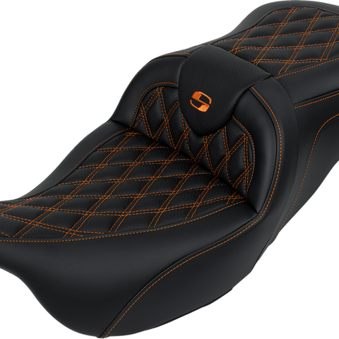 SADDLEMEN Roadsofa* Seat - with Backrest - Orange Stitch - FL '08-'23 A808-07R-182ORA - Team Dream Rides