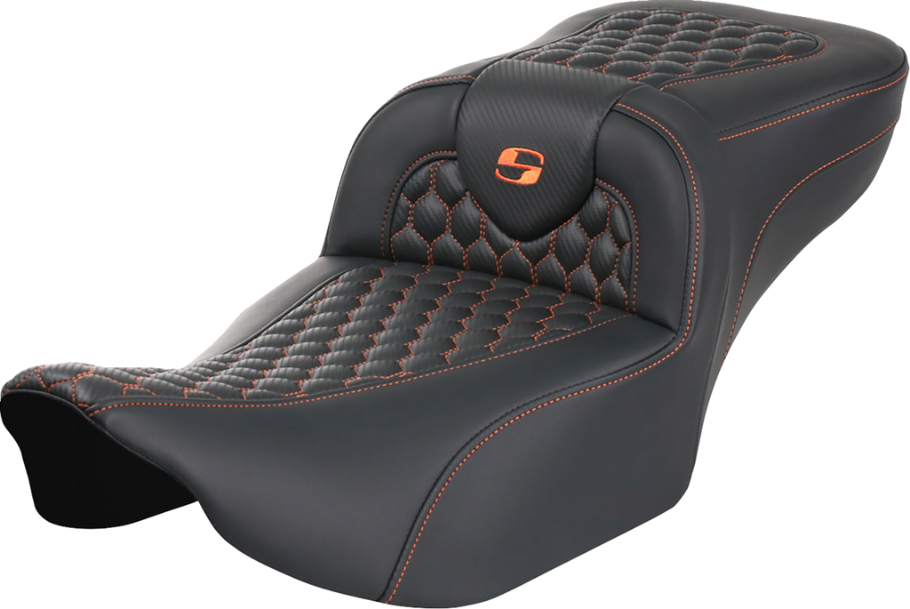 SADDLEMEN Roadsofa* Extended Reach Seat - without Backrest - Honeycomb - Orange Stitch - FLTR/FLHX '23-'24 823-07-19003 - Team Dream Rides