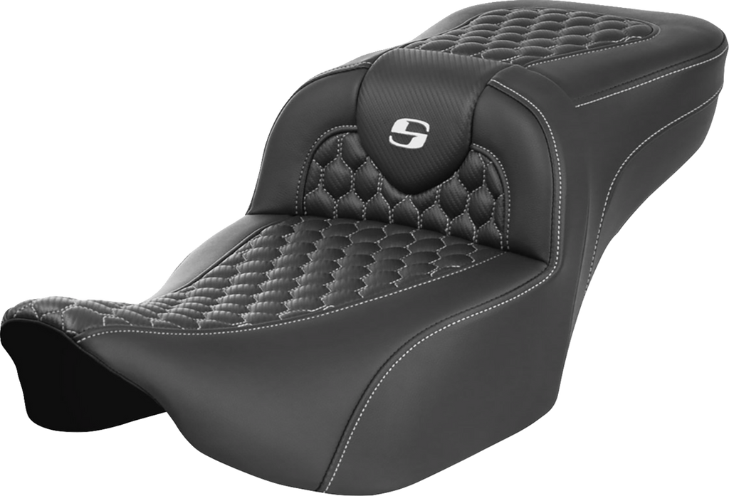 SADDLEMEN Roadsofa™ Extended Reach Seat for FLTR/FLHX 2023-2024 – Honeycomb White Stitch with Saddlehyde Cover