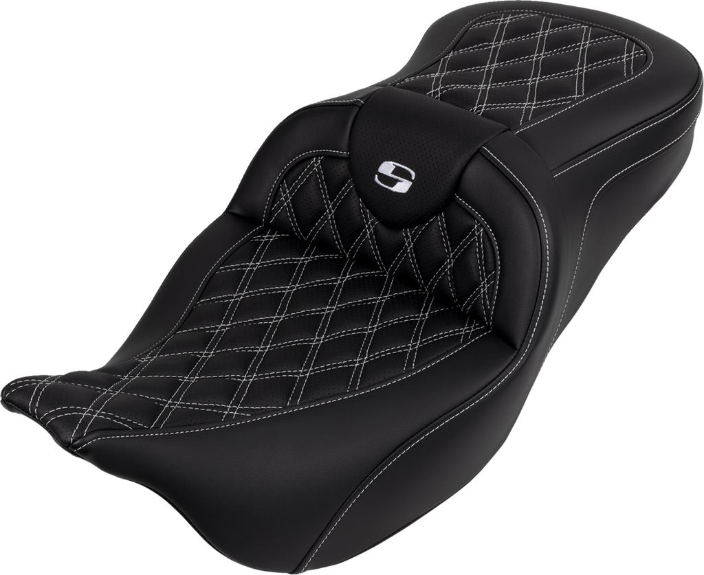SADDLEMEN Roadsofa™ Seat with Backrest - White Stitch for FL 2008-2023 | Part 808-07B-182B6