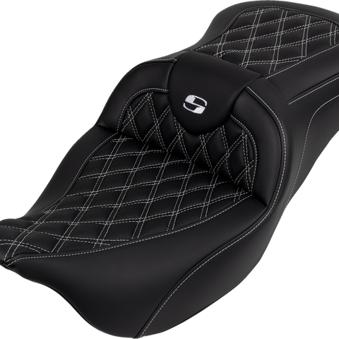 SADDLEMEN Roadsofa™ Seat with Backrest - White Stitch for FL 2008-2023 | Part 808-07B-182B6