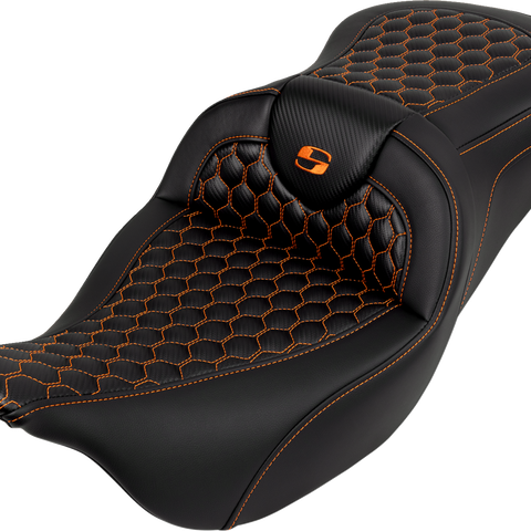 SADDLEMEN RoadSofa™ Seat with Honeycomb Cover - Orange Stitch - FLH/FLT 2008-2023 Part 808-07B-18903