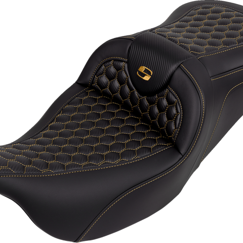 SADDLEMEN RoadSofa™ Seat with Honeycomb Pattern and Gold Stitch for FLH/FLT 2008-2023 – Part 808-07B-18907