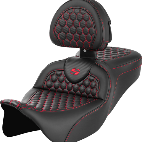 SADDLEMEN RoadSofa* Seat - Honeycomb - Red Stitch - with Backrest - FLH/FLT '08-'23 A808-07R-189RED - Team Dream Rides
