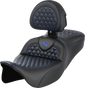 SADDLEMEN RoadSofa™ Seat with Backrest - Honeycomb Pattern, Blue Stitch for FLH/FLT 2008-2023, Part Number 808-07B-189B1