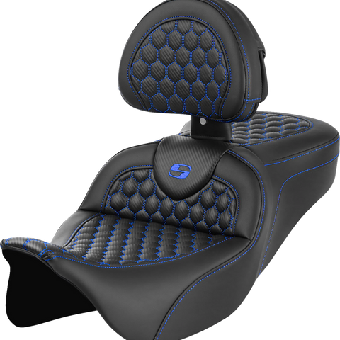 SADDLEMEN RoadSofa™ Seat with Backrest - Honeycomb Pattern, Blue Stitch for FLH/FLT 2008-2023, Part Number 808-07B-189B1