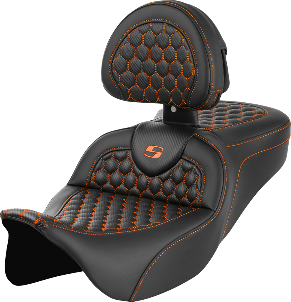 SADDLEMEN RoadSofa* Seat - Honeycomb - Orange Stitch - with Backrest - FLH/FLT '08-'23 A808-07R-189ORA