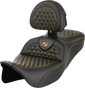 SADDLEMEN RoadSofa™ Seat with Backrest for Harley FLH/FLT 2008-2023 - Honeycomb Pattern, Gold Stitch - Part 808-07B-189B7