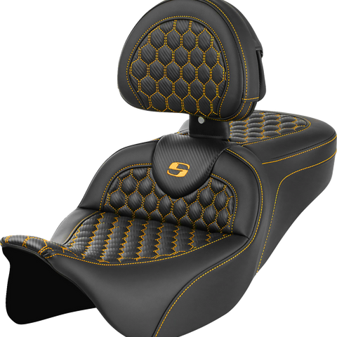 SADDLEMEN RoadSofa™ Seat with Backrest for Harley FLH/FLT 2008-2023 - Honeycomb Pattern, Gold Stitch - Part 808-07B-189B7