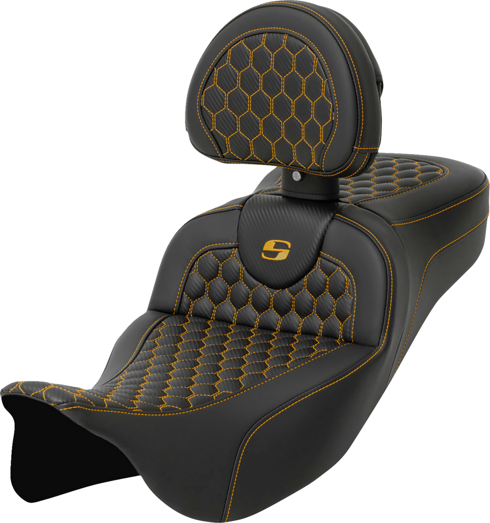 SADDLEMEN RoadSofa* Seat - Honeycomb - Gold Stitch - with Backrest - Extended Reach - FLH/FLT '08-'23 A808-07R-190GOL