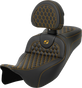 SADDLEMEN RoadSofa™ Seat with Backrest for FLH/FLT 2008-2024, Honeycomb Pattern, Gold Stitch, Part #808-07B-190B7