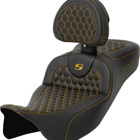 SADDLEMEN RoadSofa™ Seat with Backrest for FLH/FLT 2008-2024, Honeycomb Pattern, Gold Stitch, Part #808-07B-190B7