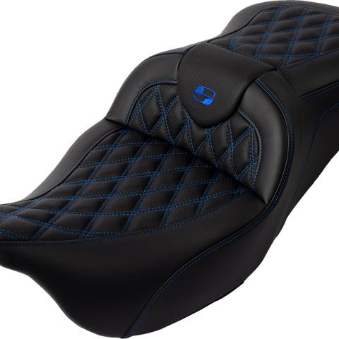 SADDLEMEN Roadsofa* Seat - with Backrest - Blue Stitch - FL '08-'23 A808-07R-182BLU - Team Dream Rides