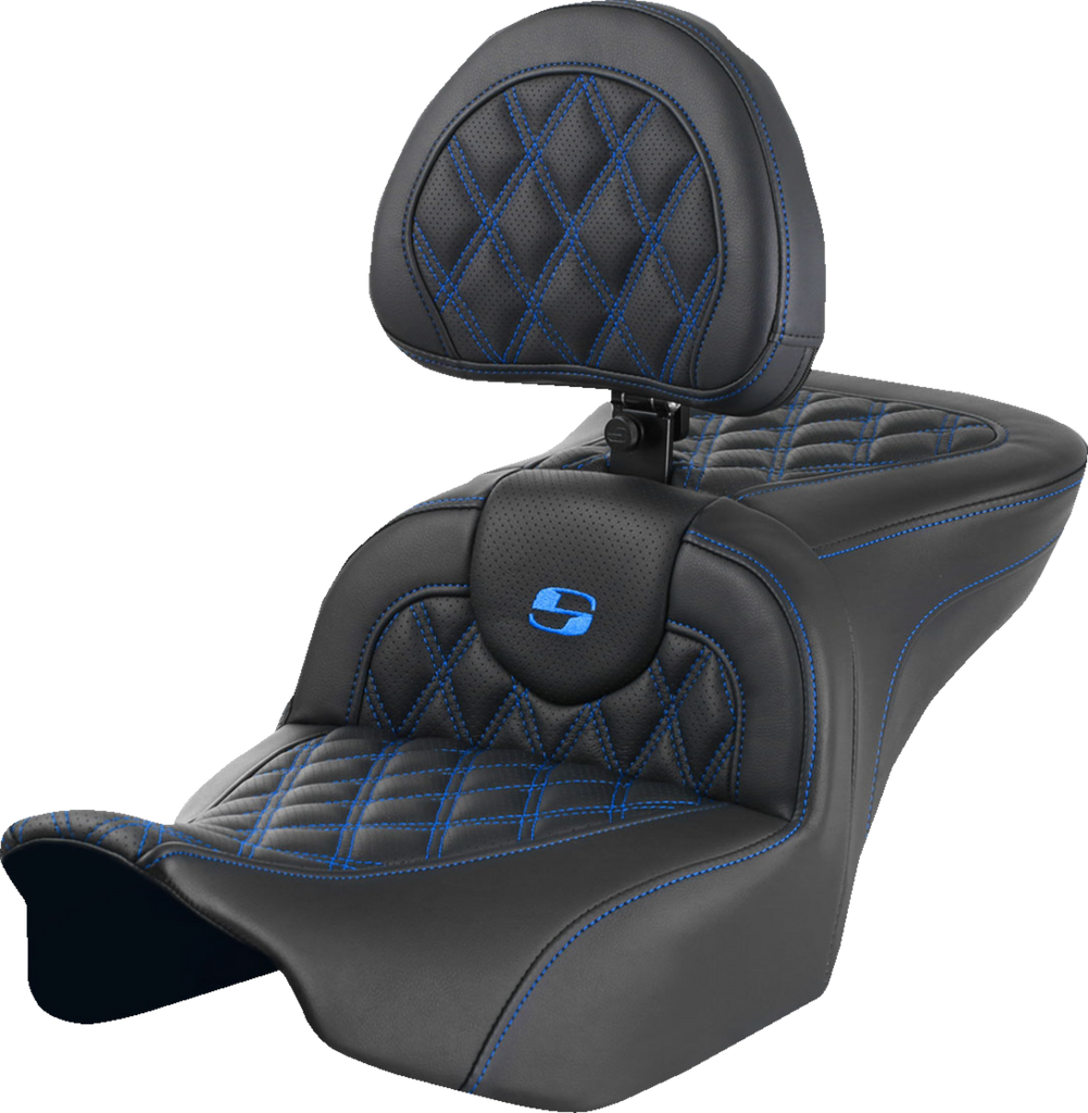 SADDLEMEN RoadSofa* Seat - with Backrest - Lattice Stitch - Blue Stitch - FLTR/FLHX '23-'24 823-07-182B1