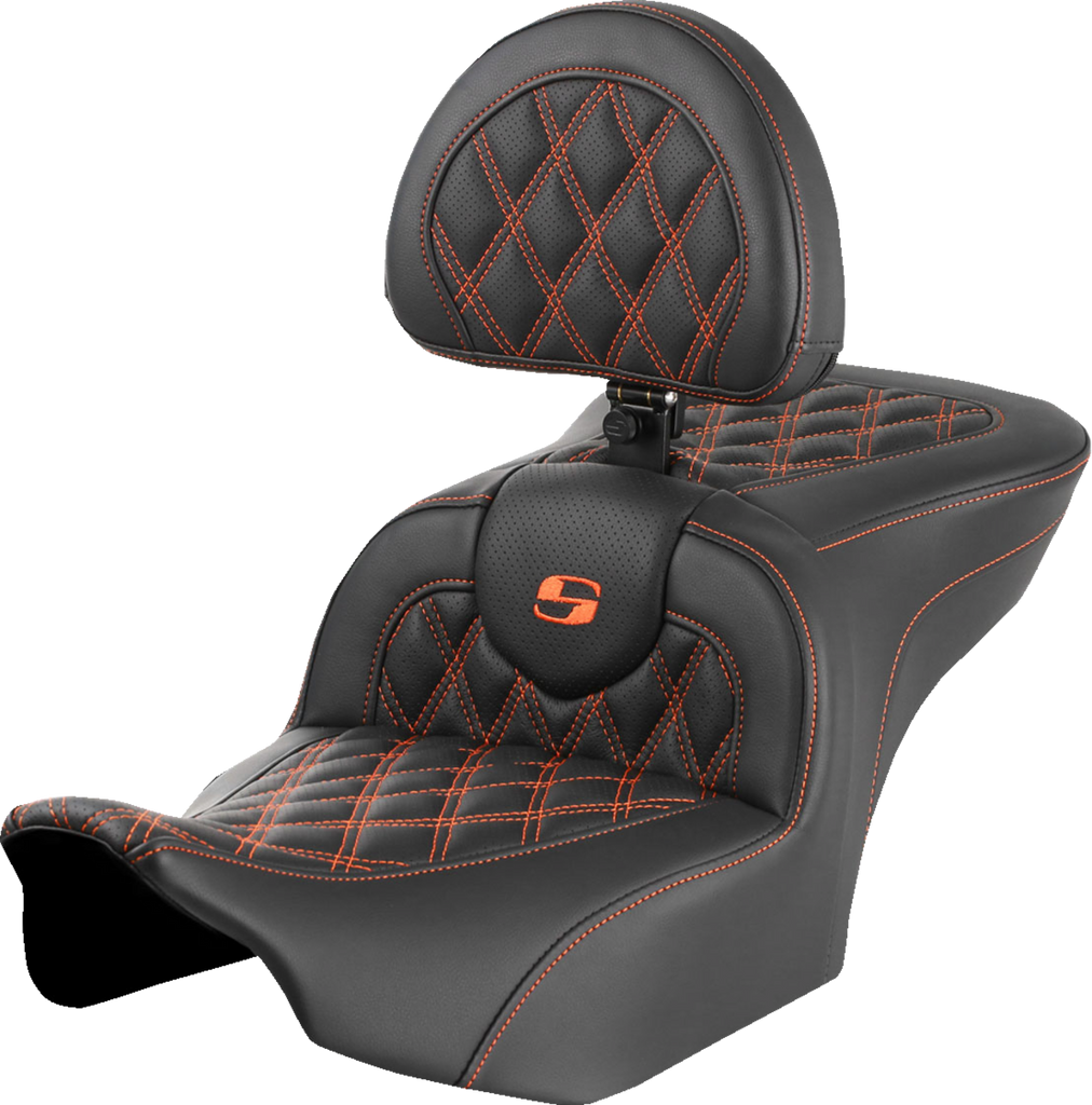 SADDLEMEN RoadSofa* Seat - with Backrest - Lattice Stitch - Orange Stitch - FLTR/FLHX '23-'24 823-07-182B3