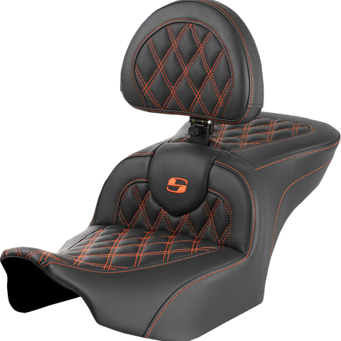 SADDLEMEN RoadSofa* Seat - with Backrest - Lattice Stitch - Orange Stitch - FLTR/FLHX '23-'24 823-07-182B3 - Team Dream Rides