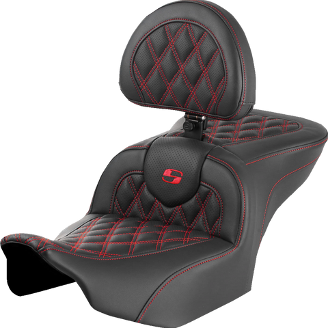 SADDLEMEN RoadSofa* Seat - with Backrest - Lattice Stitch - Red Stitch - FLTR/FLHX '23-'24 823-07-182B4 - Team Dream Rides