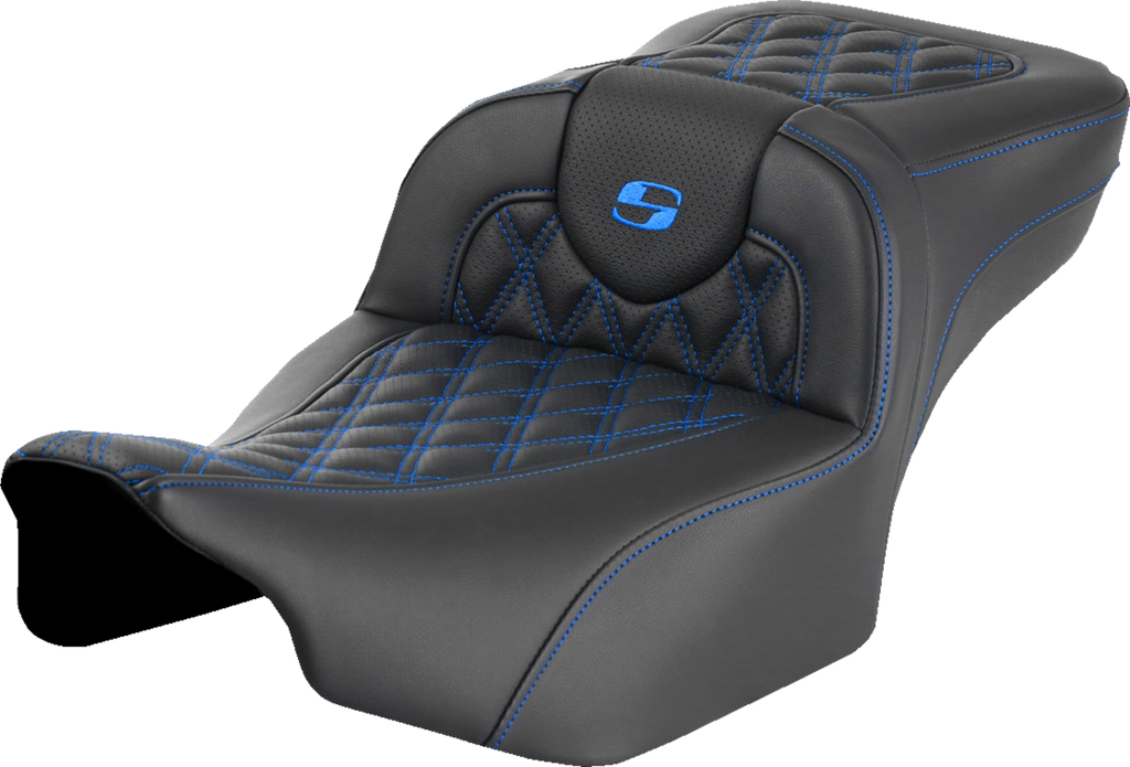 SADDLEMEN Roadsofa* Extended Reach Seat - without Backrest - Lattice Stitch - Blue Stitch - FLTR/FLHX '23-'24 823-07-18401