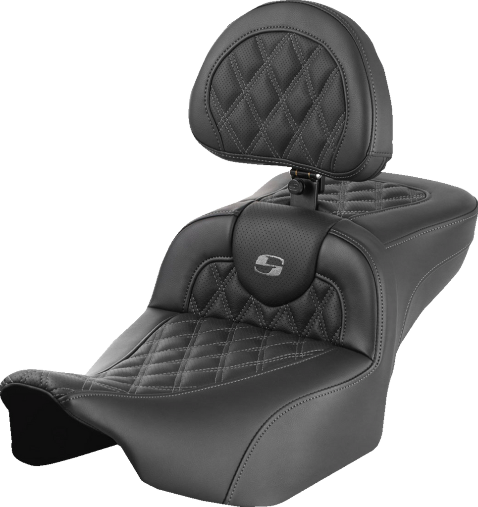 SADDLEMEN Roadsofa* Extended Reach Seat - with Backrest - Lattice Stitch - Gray Stitch - FLTR/FLHX '23-'24 823-07-184B2