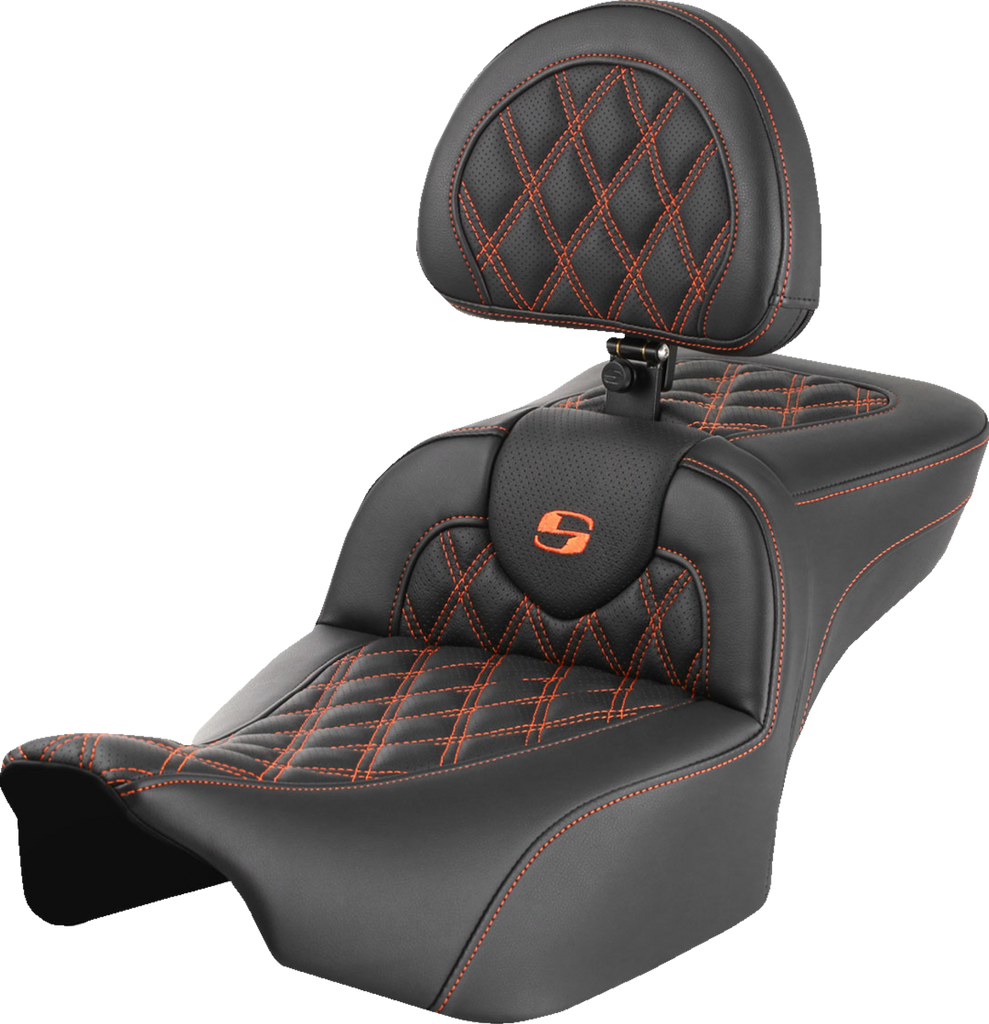 SADDLEMEN Roadsofa* Extended Reach Seat - with Backrest - Lattice Stitch - Orange Stitch - FLTR/FLHX '23-'24 823-07-184B3