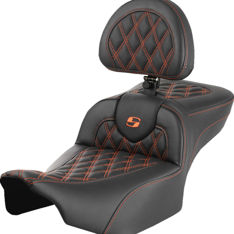 SADDLEMEN Roadsofa* Extended Reach Seat - with Backrest - Lattice Stitch - Orange Stitch - FLTR/FLHX '23-'24 823-07-184B3 - Team Dream Rides