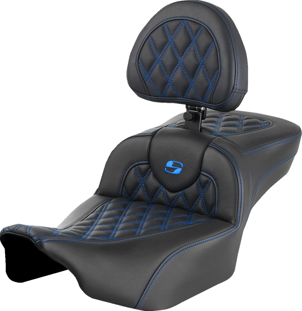 SADDLEMEN Roadsofa* Extended Reach Seat - with Backrest - Lattice Stitch - Blue Stitch - FLTR/FLHX '23-'24 823-07-184B1