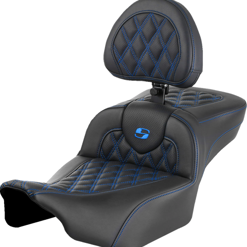 SADDLEMEN Roadsofa* Extended Reach Seat - with Backrest - Lattice Stitch - Blue Stitch - FLTR/FLHX '23-'24 823-07-184B1 - Team Dream Rides