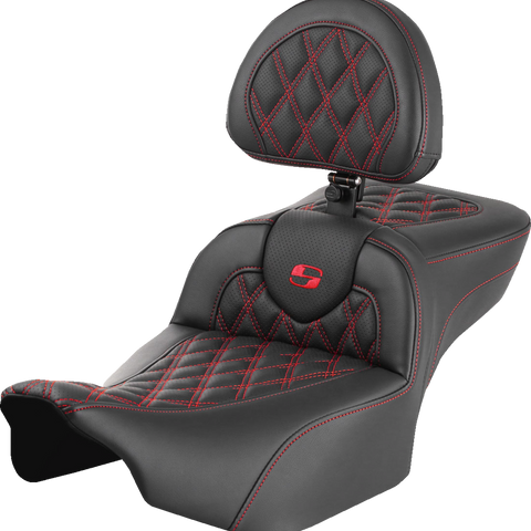 SADDLEMEN Roadsofa* Extended Reach Seat - with Backrest - Lattice Stitch - Red Stitch - FLTR/FLHX '23-'24 823-07-184B4 - Team Dream Rides