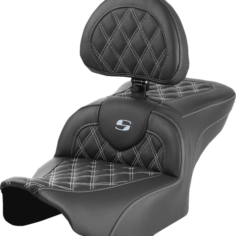 SADDLEMEN RoadSofa* Seat - with Backrest - Lattice Stitch - Silver Stitch - FLTR/FLHX '23-'24 823-07-182B5 - Team Dream Rides