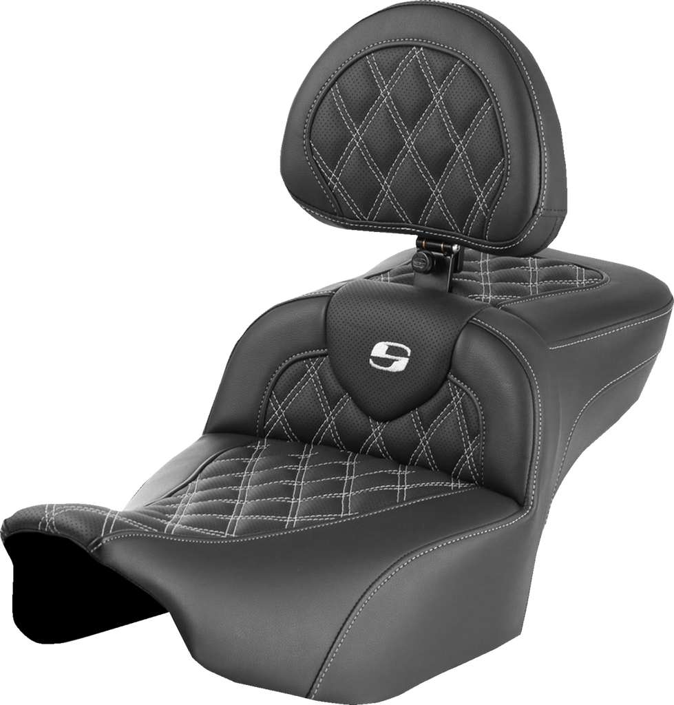 SADDLEMEN Roadsofa* Extended Reach Seat - with Backrest - Lattice Stitch - White Stitch - FLTR/FLHX '23-'24 823-07-184B6 - Team Dream Rides