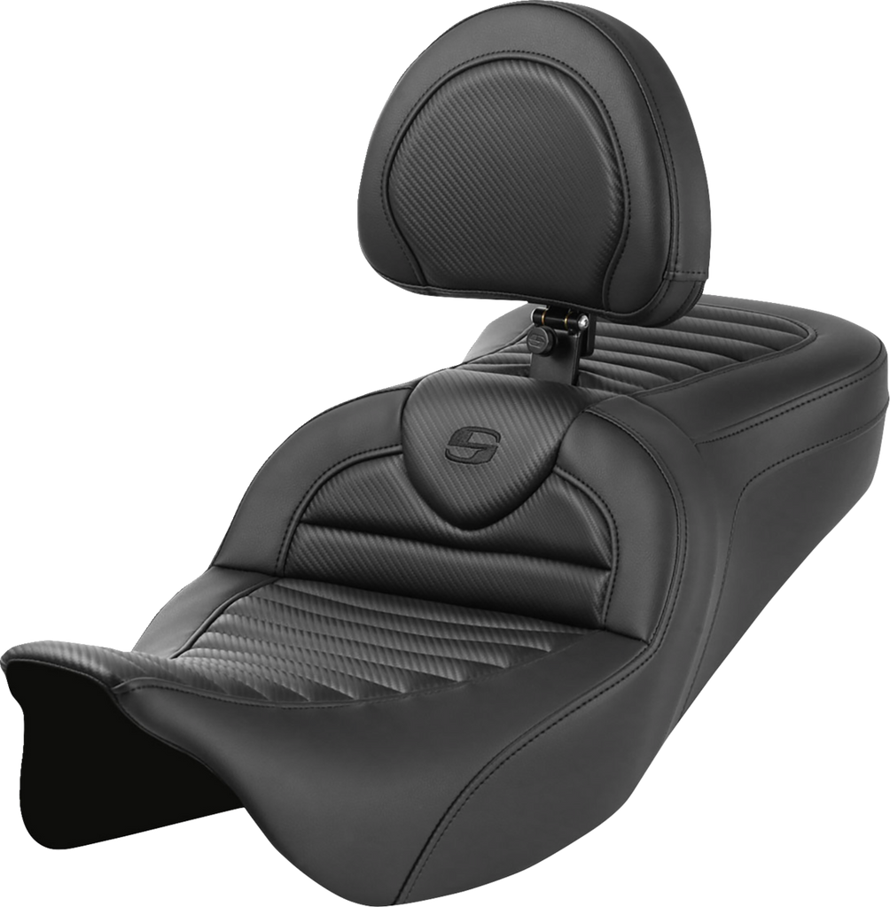 SADDLEMEN Roadsofa™ Seat with Backrest Tuck-n-Roll Carbon Fiber for Harley FL 2008-2023 Part 808-07B-204B0