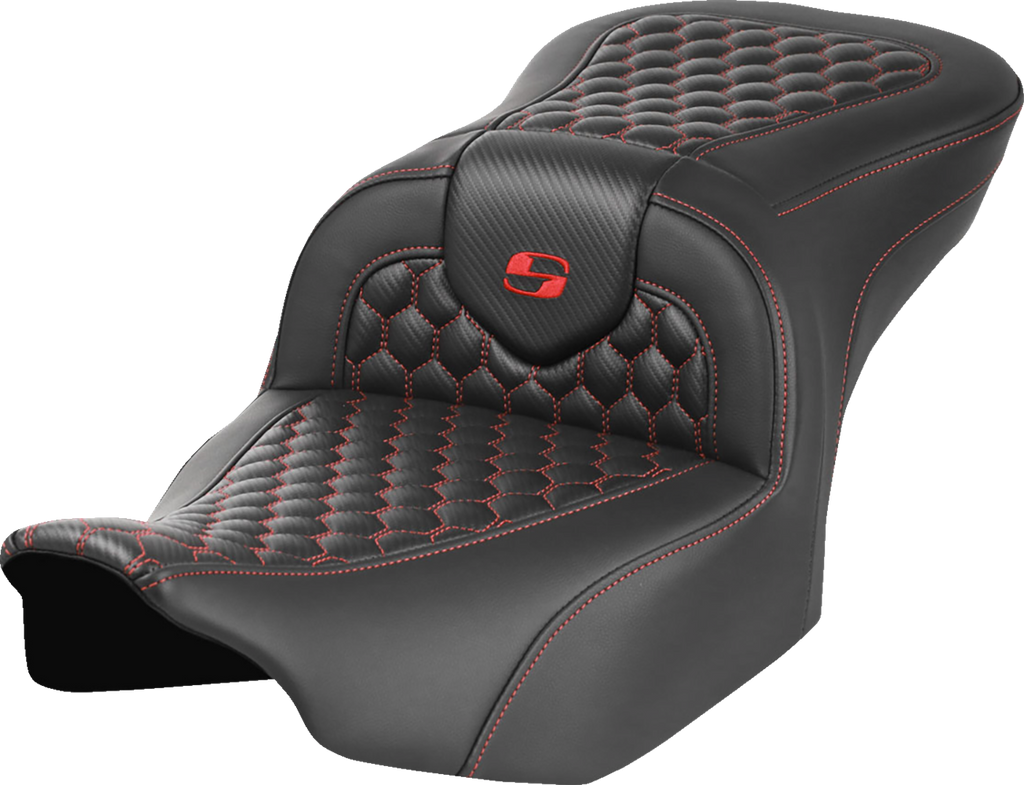 SADDLEMEN Roadsofa™ Seat for Harley FLTR/FLHX '23-'24 – Honeycomb Stitch, Saddlehyde Cover, Red Stitch, Part 823-07-18904