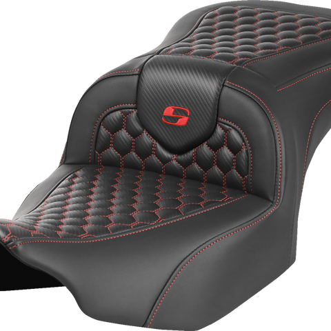 SADDLEMEN Roadsofa™ Seat for Harley FLTR/FLHX '23-'24 – Honeycomb Stitch, Saddlehyde Cover, Red Stitch, Part 823-07-18904