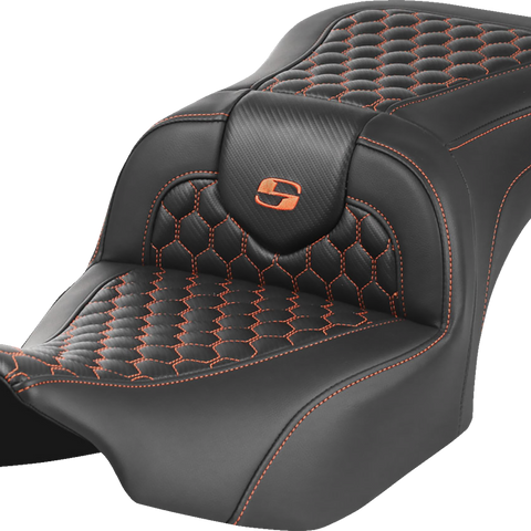 SADDLEMEN Roadsofa* Seat - without Backrest - Honeycomb - Orange Stitch - FLTR/FLHX '23-'24 823-07-18903 - Team Dream Rides
