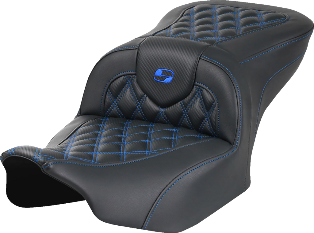 SADDLEMEN RoadSofa* Seat - without Backrest - Carbon Fiber - Lattice Stitch - Blue Stitch - FLTR/FLHX '23-'24 823-07-20601 - Team Dream Rides