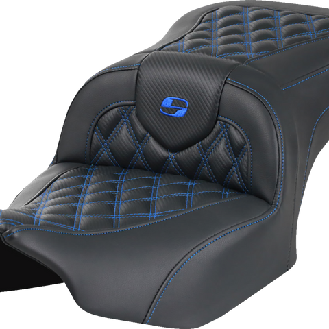 SADDLEMEN RoadSofa* Seat - without Backrest - Carbon Fiber - Lattice Stitch - Blue Stitch - FLTR/FLHX '23-'24 823-07-20601 - Team Dream Rides