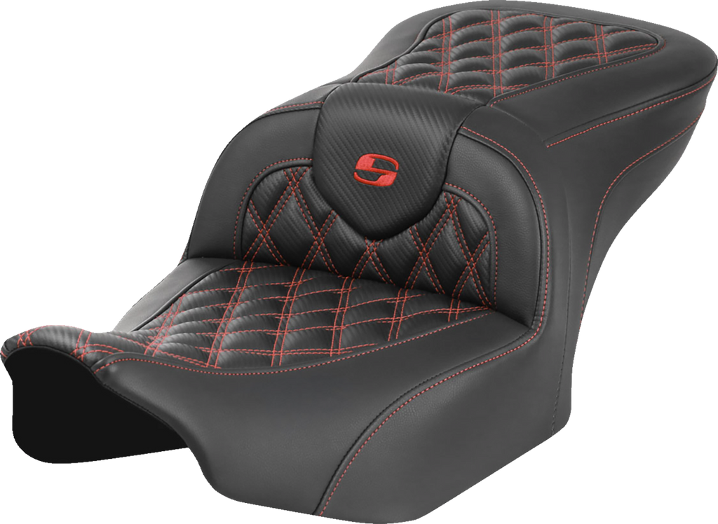 SADDLEMEN RoadSofa* Seat - without Backrest - Carbon Fiber - Lattice Stitch - Red Stitch - FLTR/FLHX '23-'24 823-07-20604 - Team Dream Rides