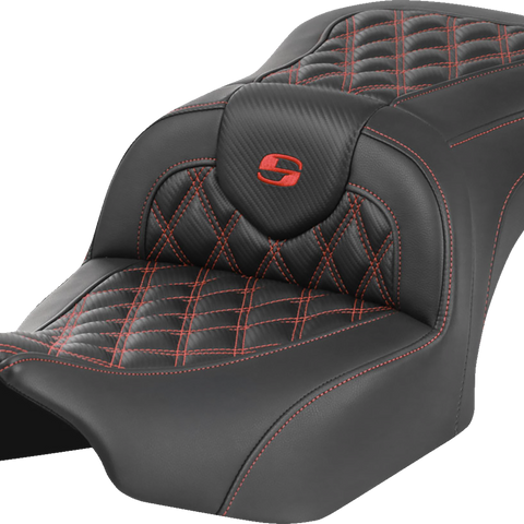 SADDLEMEN RoadSofa* Seat - without Backrest - Carbon Fiber - Lattice Stitch - Red Stitch - FLTR/FLHX '23-'24 823-07-20604 - Team Dream Rides