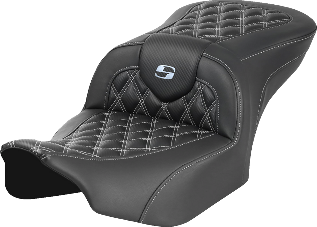 SADDLEMEN RoadSofa* Seat - without Backrest - Carbon Fiber - Lattice Stitch - Silver Stitch - FL/FX '23-'24 823-07-20605 - Team Dream Rides